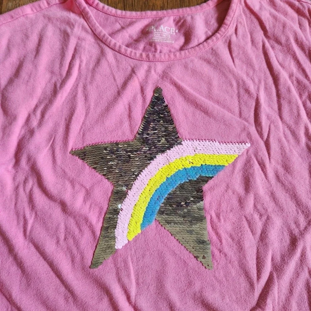 The Childrens Place Girls Pink Sequin Star Rainbow Muscle Tee Shirt L 10/12 633